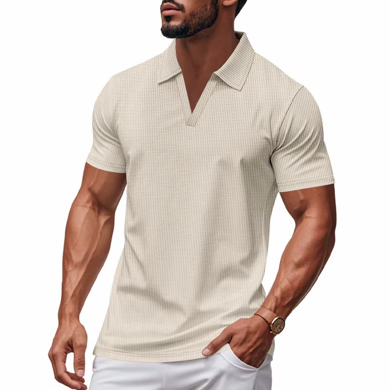 T-shirt Homme Slim Fit Style Américain Décontracté Col Henley Manches Courtes Élastique Col en V Hau