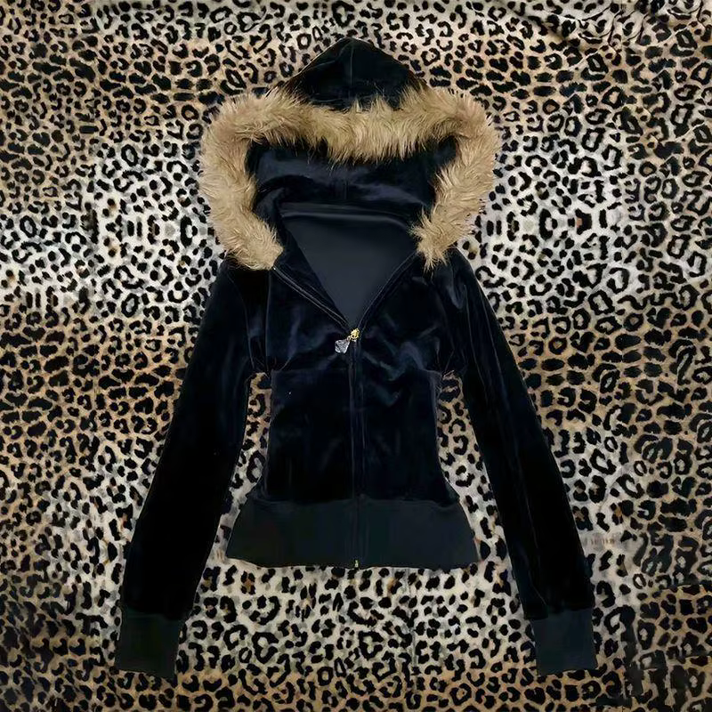Manteau à capuche pour femme, style punk, sweat-shirt à col en fourrure, veste à fermeture éclair av
