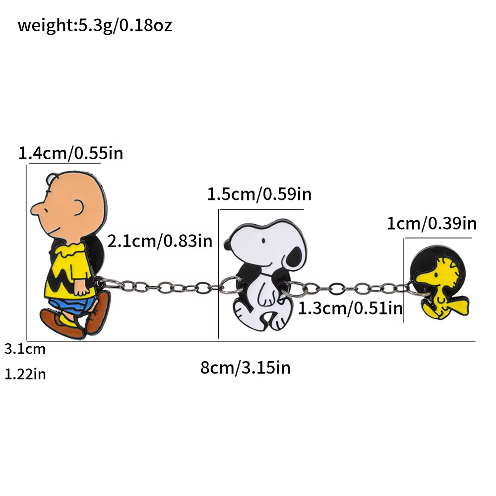 Broches émaillées Snoopy avec chaîne, badges de dessin animé, épingles de revers pour sacs à dos et 