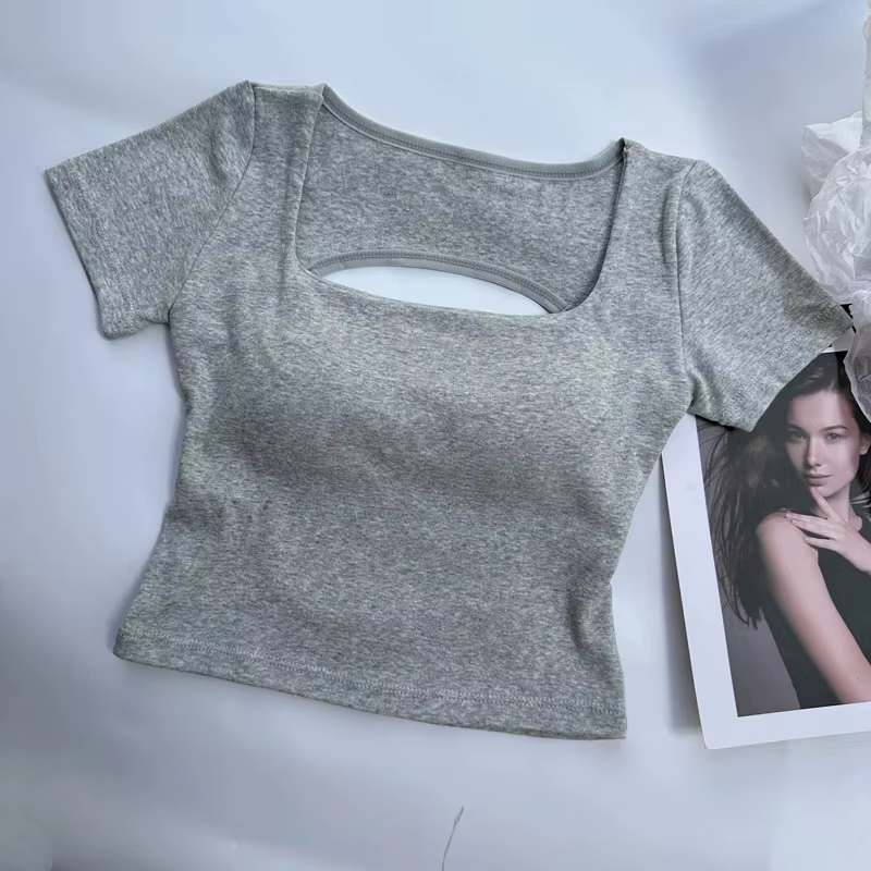 T-shirt Femme, Haut court à col carré et manches courtes, avec soutien-gorge intégré, pour femmes et