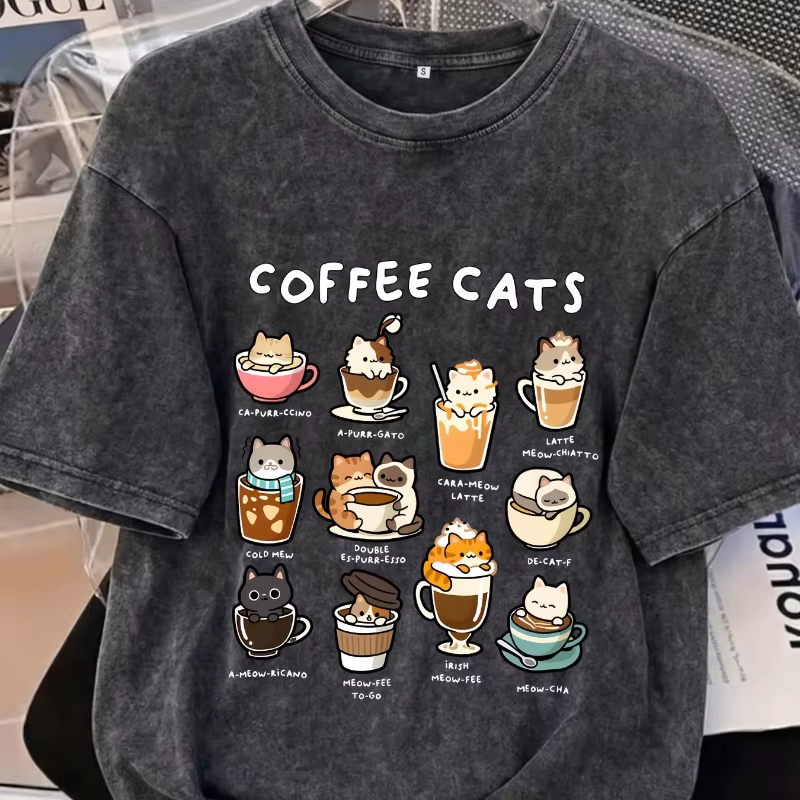 T-shirt Coffee Cat Emoji en coton lavé à manches courtes, coupe ample et col rond, adapté aux hommes