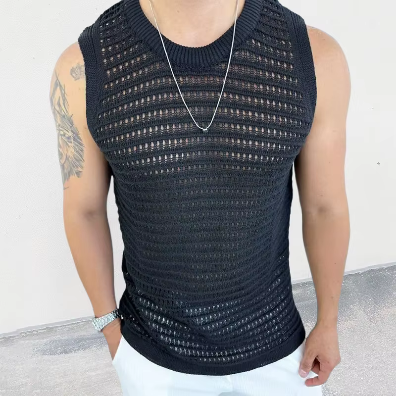 2023 nouveaux hommes pull gilet couleur unie mince sans manches tricot t-shirts Streetwear mode homm