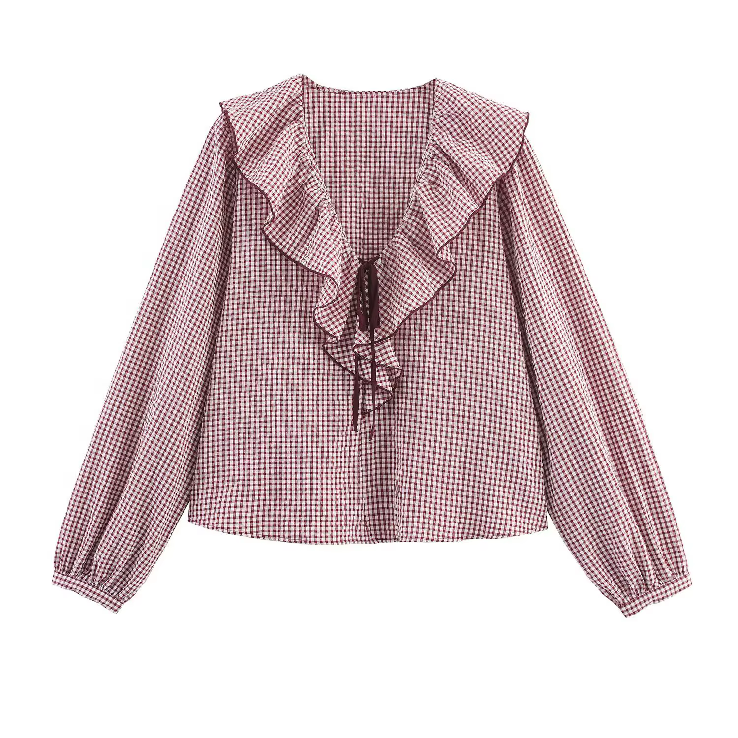 BSAY Bow chemise à carreaux femmes vêtements 2025 automne nouveau français col en v à manches longue