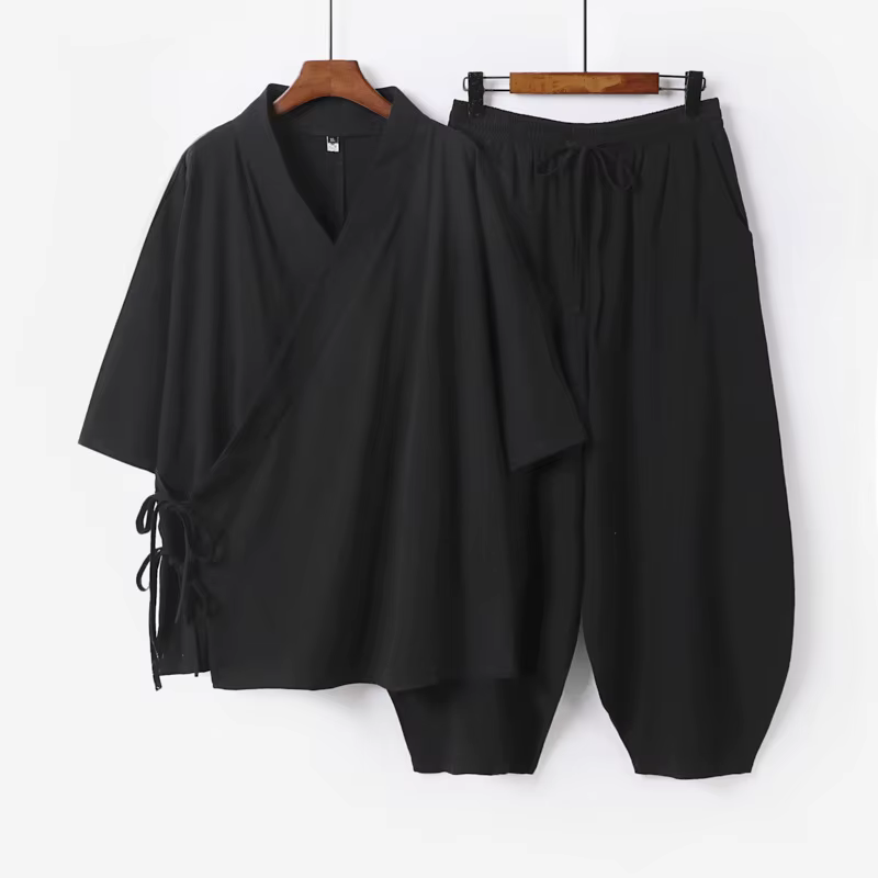 Ensemble 2 pièces en coton et lin pour hommes grandes tailles, nouveau style chinois, haut à col en 