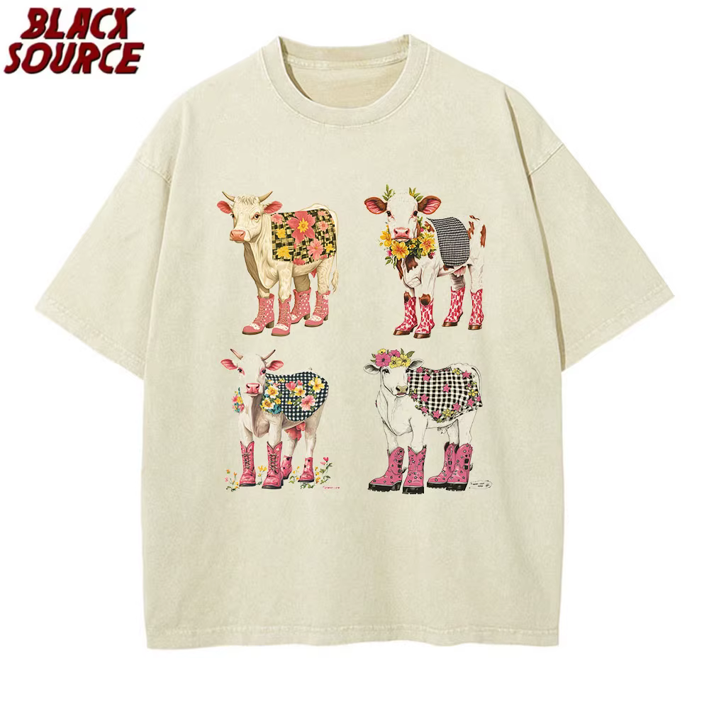 T078 T-Shirt imprimé vache de dessin animé mignon pur coton lavé épaule col rond Style neutre mode t