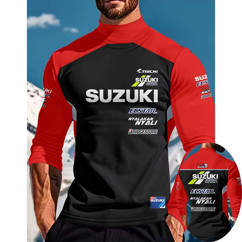T-shirt à manches longues et col montant pour homme, motif logo moto Suzuki, nouvelle collection 202