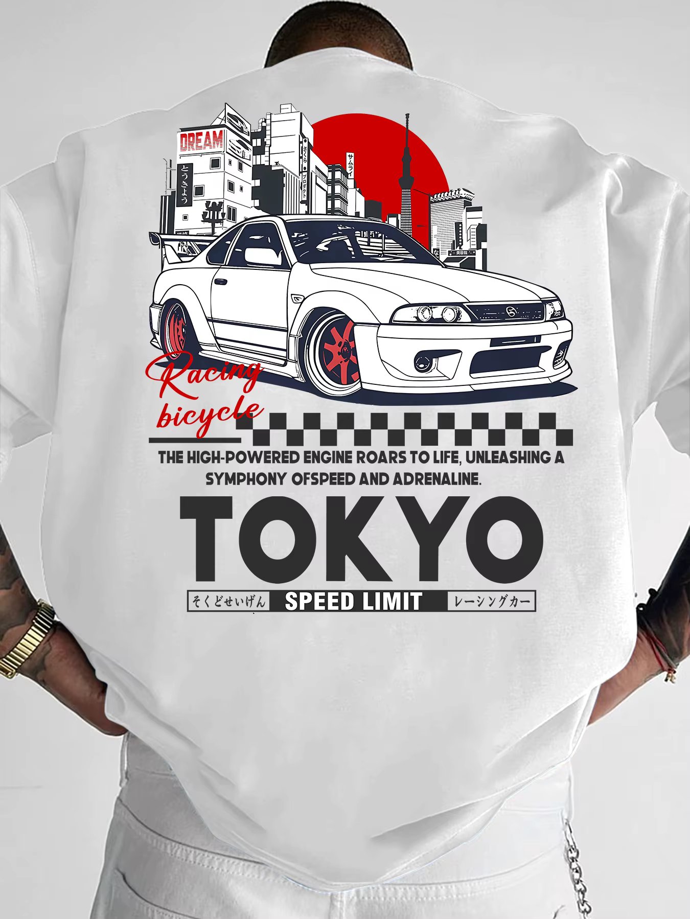 T-shirt à imprimé graphique de voiture de course Tokyo pour hommes, surdimensionné, 100% polyester, 