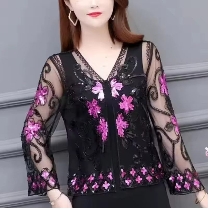 Vêtements pour femmes mode évider paillettes couverture en dentelle printemps automne nouveau col en