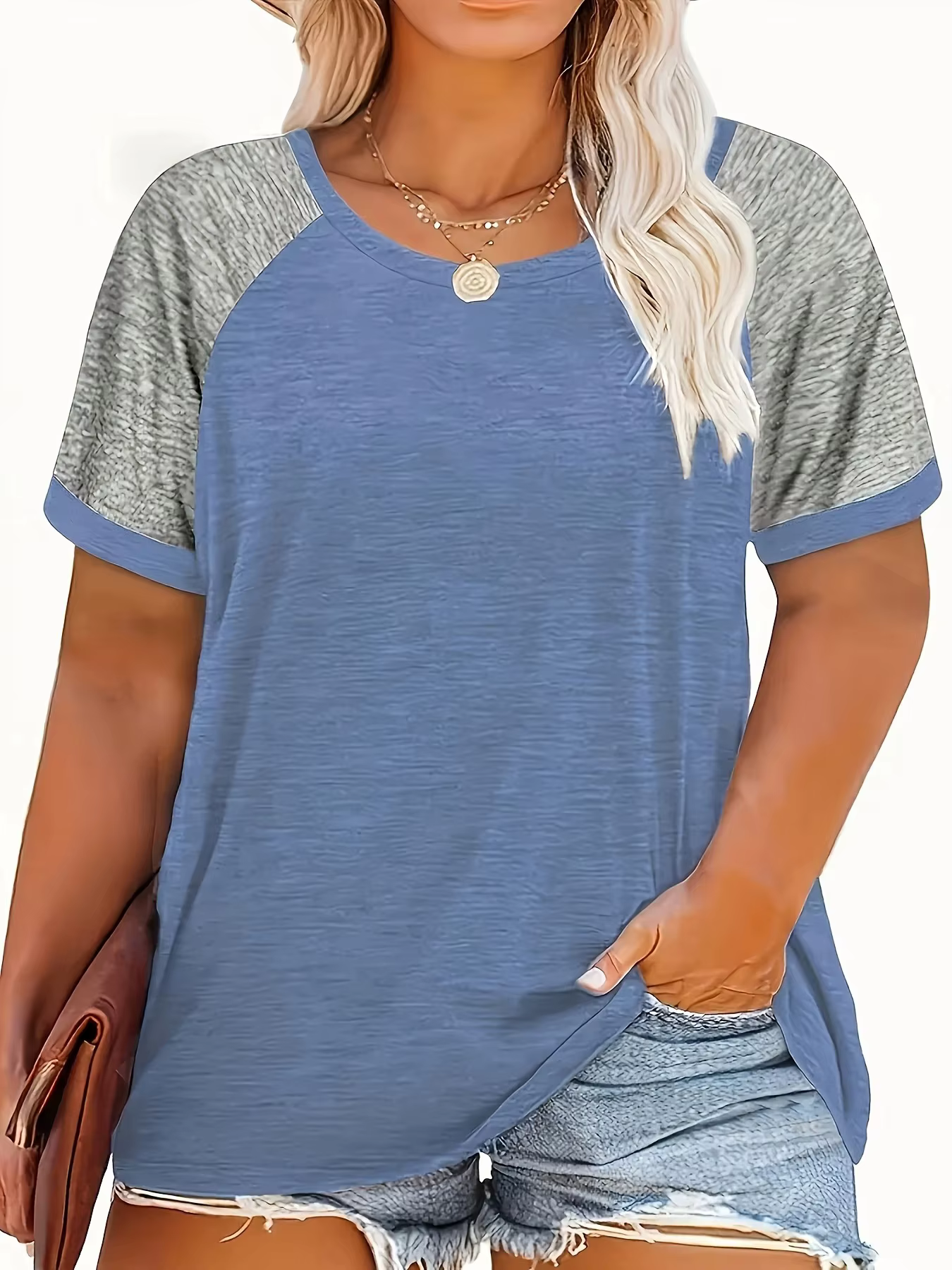 T-shirt décontracté à col rond et manches courtes pour femme, grande taille, avec empiècements de co