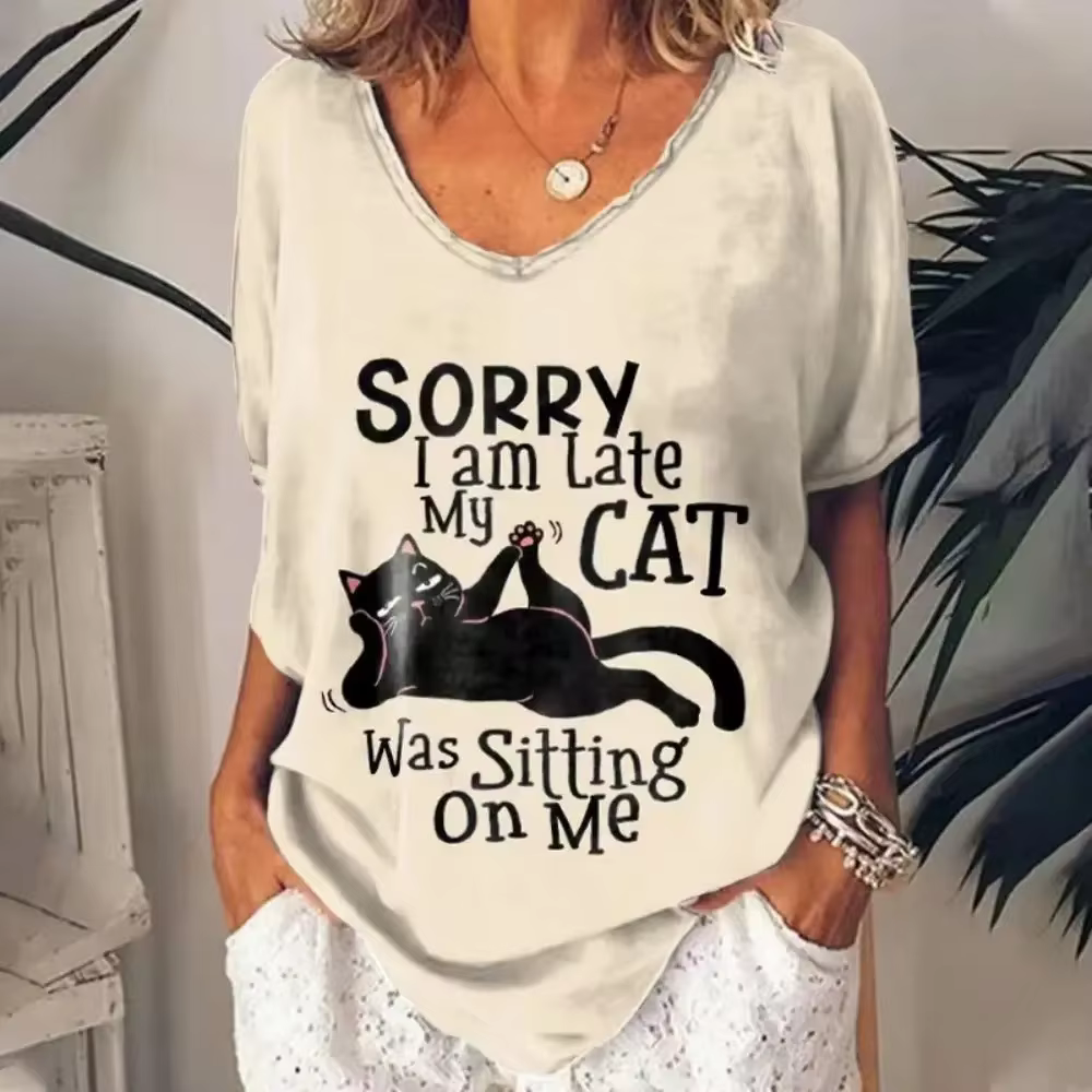 T-shirt femme dessin animé chat imprimé été à manches courtes col en v Kawaii mode t-shirt décontrac