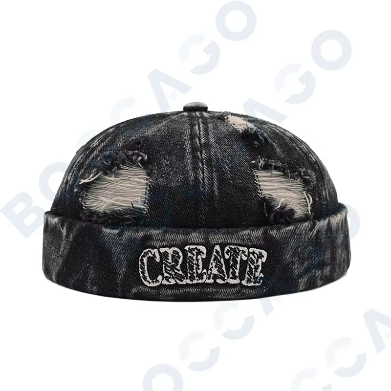Casquette Docker en jean brodée avec visière, design déchiré, ajustable, pour homme et femme, idéale