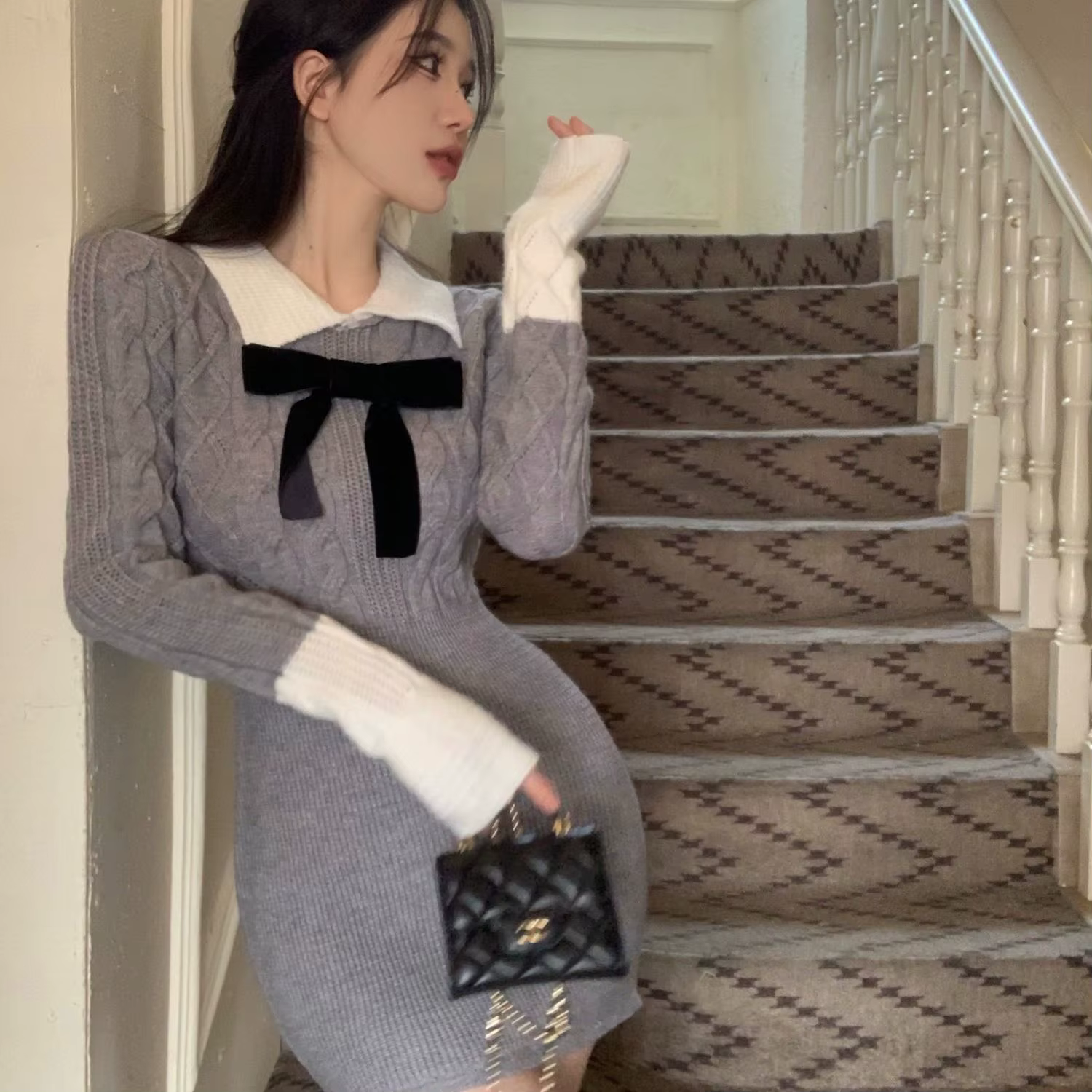 Robe en tricot avec nœud pour femme, tenue de haute qualité, tendance, mode coréenne, confortable, d