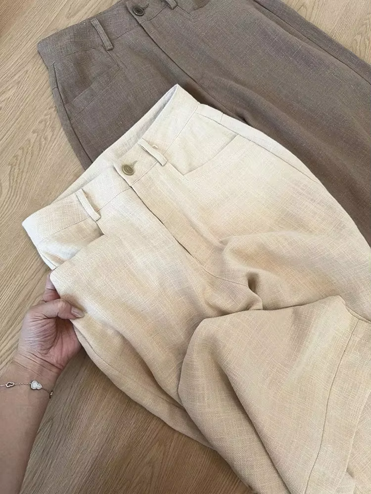Pantalon long décontracté pour femme, style Old Money, taille haute, coupe ample, en lin fin, jambe 