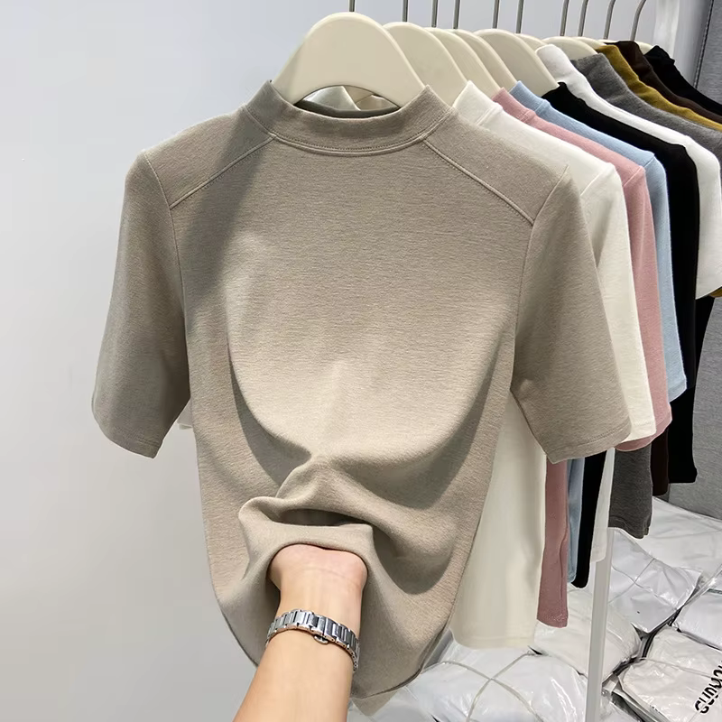 T-Shirt à manches mi-longues pour femme, vêtement d'intérieur élégant en laine européenne, col mi-ha