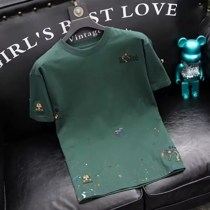 T-shirt brodé à manches courtes pour hommes, chemise à fond, haut polyvalent à col rond, mode coréen