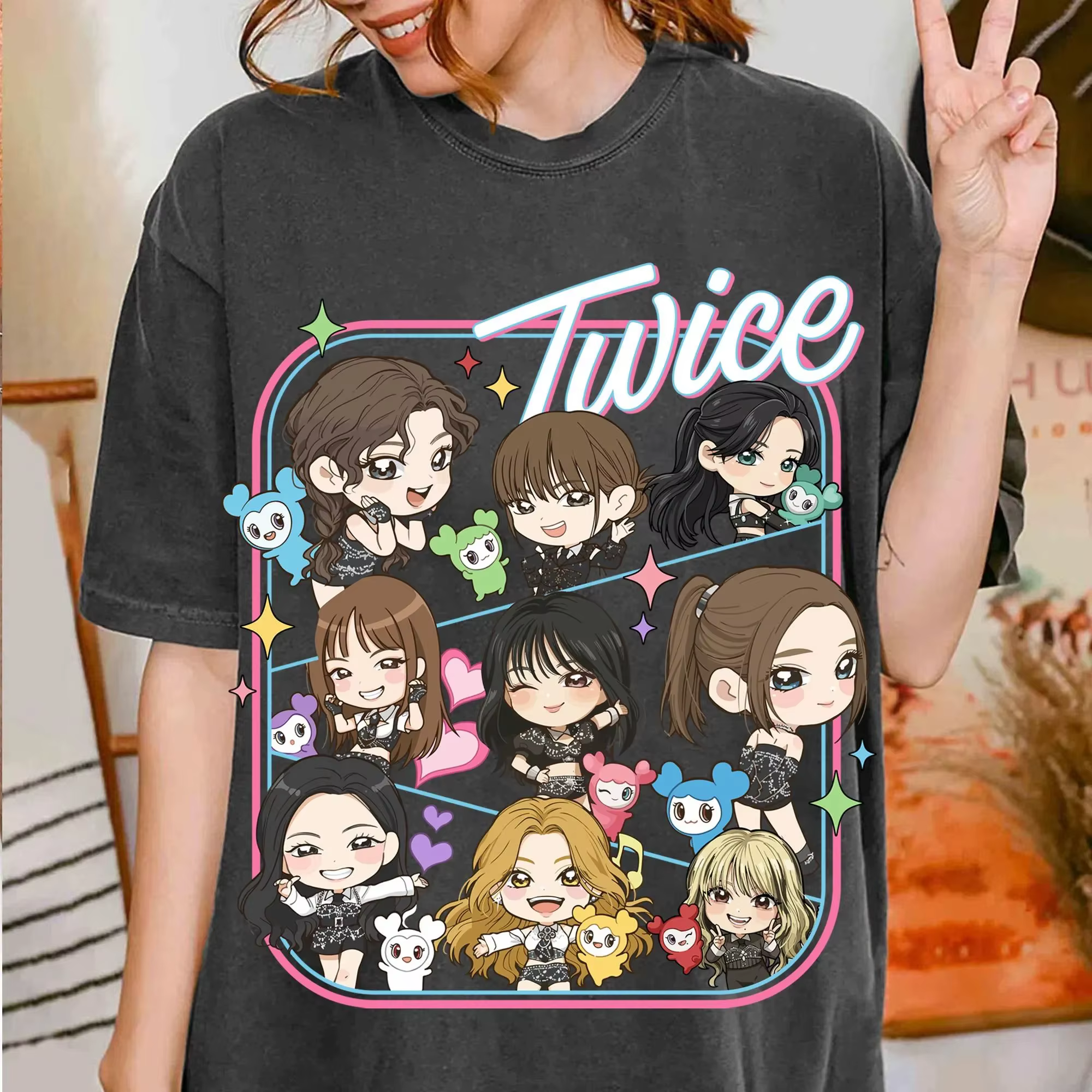 T-shirt KPop Twice avec dessin animé pour hommes et femmes, vêtements d'été en coton, haut à manches