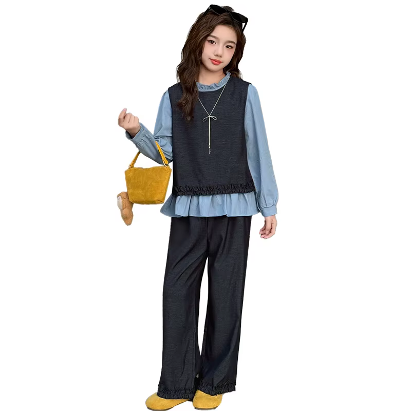 Ensemble de vêtements de retour à l'école pour filles, gilet + chemise bleue + pantalon, 3 pièces, C
