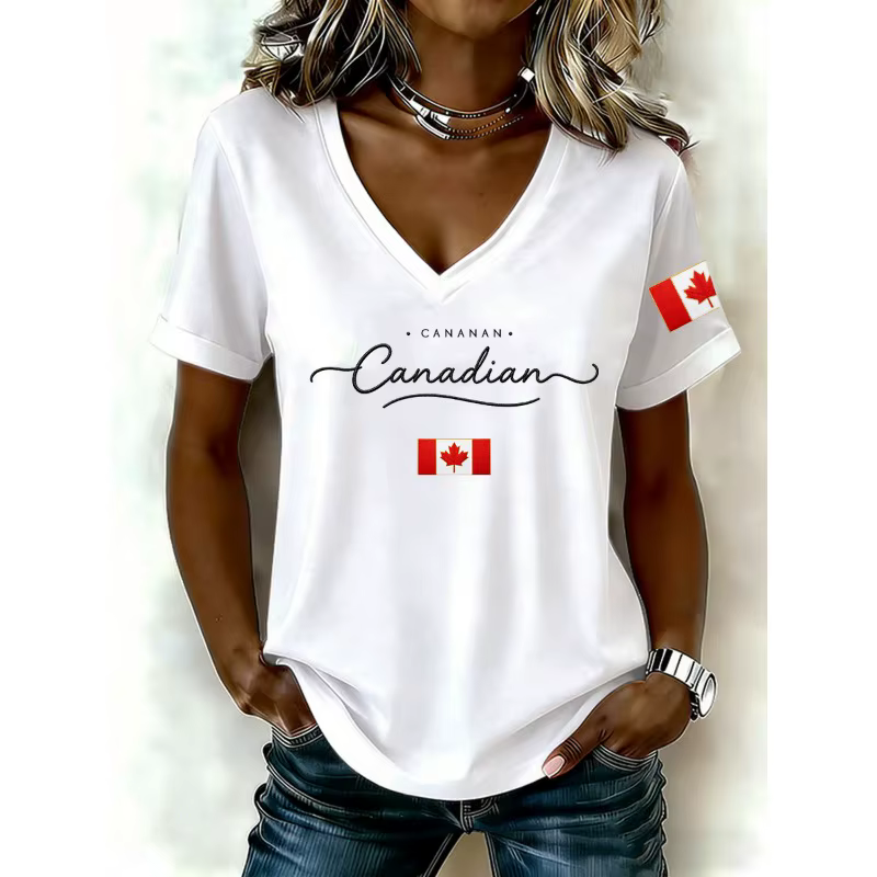 T-shirts pour femmes avec imprimé du drapeau national du Canada, col en V, manches courtes, vêtement