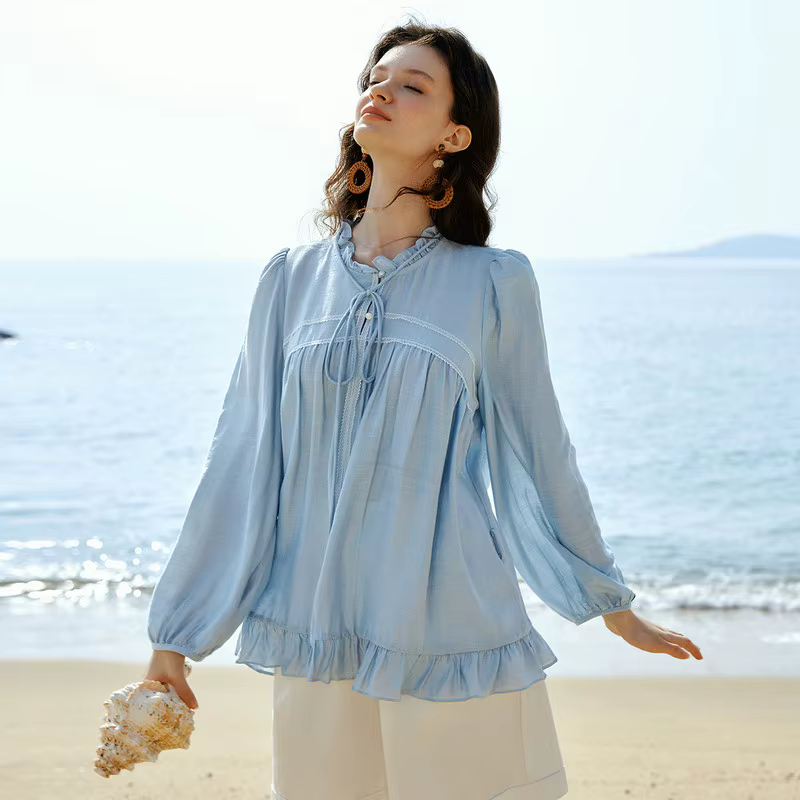 Chemisier en mousseline à volants style français pour femme, manches longues amples, nouvelle collec