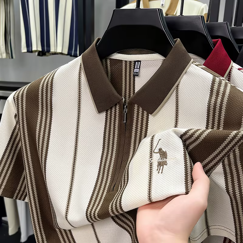 Polo à manches courtes avec col, T-shirt rayé tendance pour homme avec demi-fermeture éclair