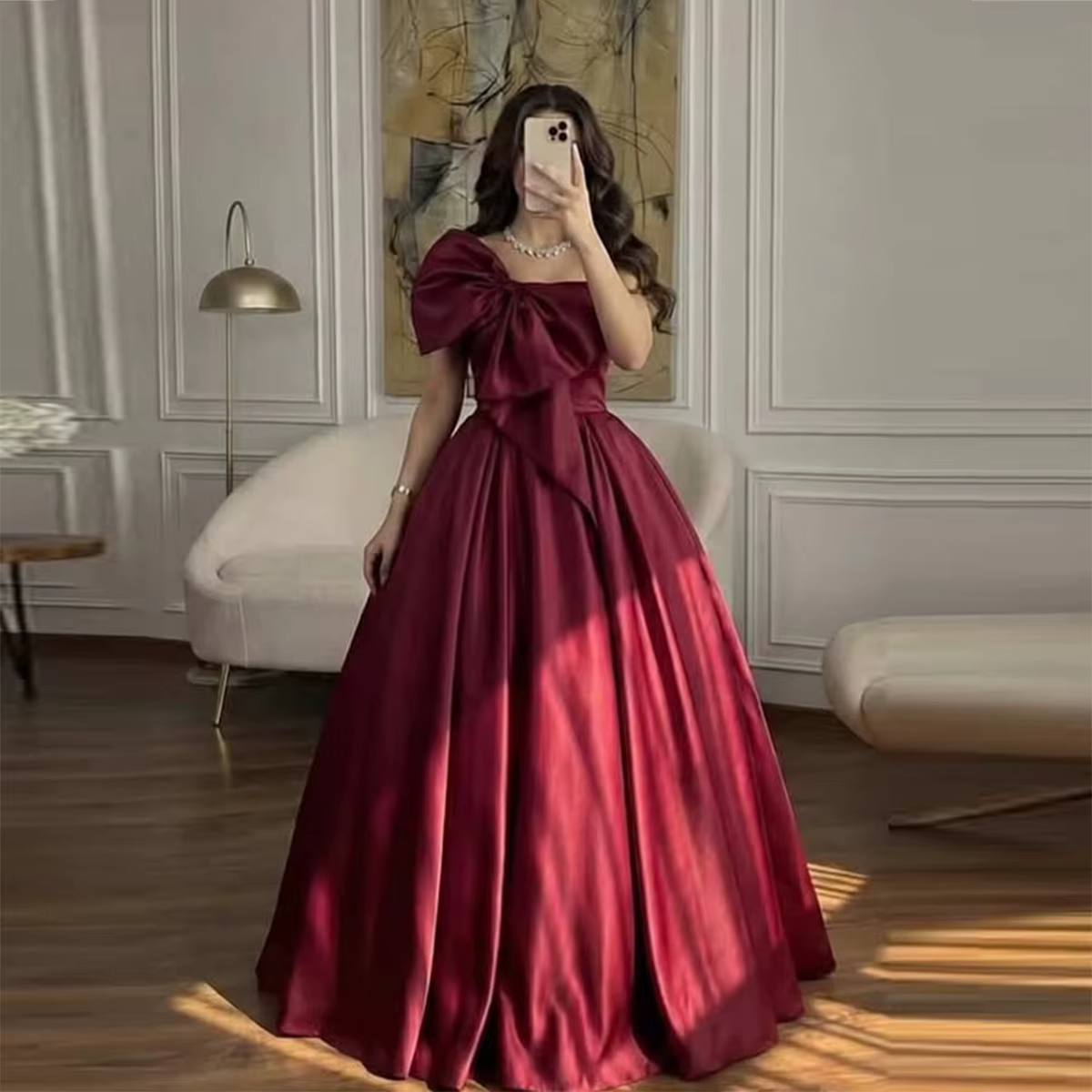Robes de bal bordeaux à épaules dénudées en satin avec grand nœud, style ligne A, robes de soirée po