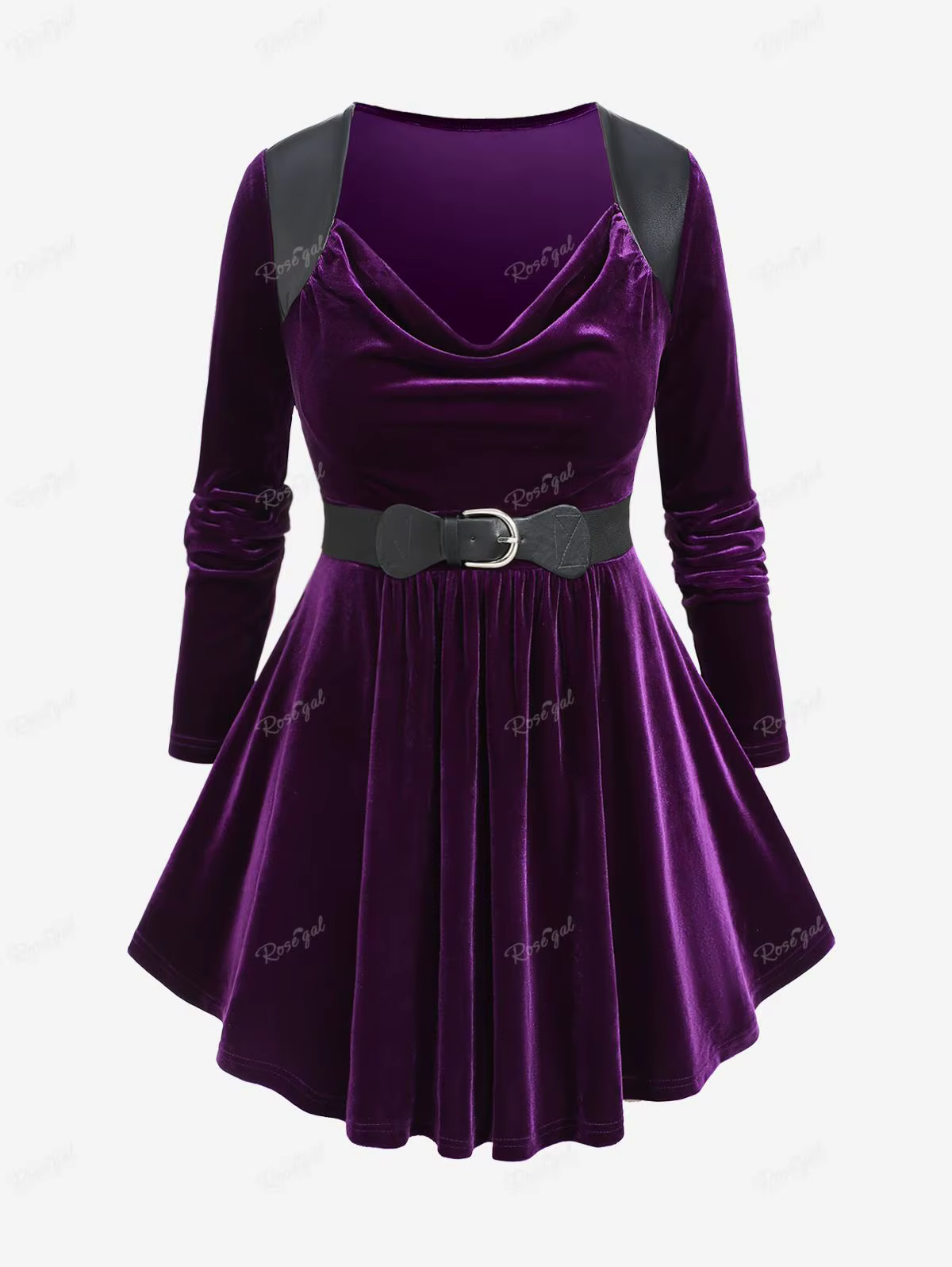 T-shirt en velours à col drapé avec panneaux en PU pour femme, avec ceinture à boucle, chemisier fro