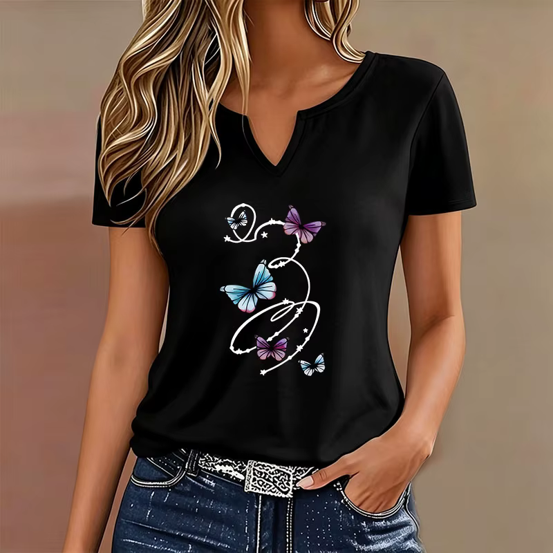 T-shirt graphique coloré à col en V pour femme, décontracté et tendance, à manches courtes, pour l'é