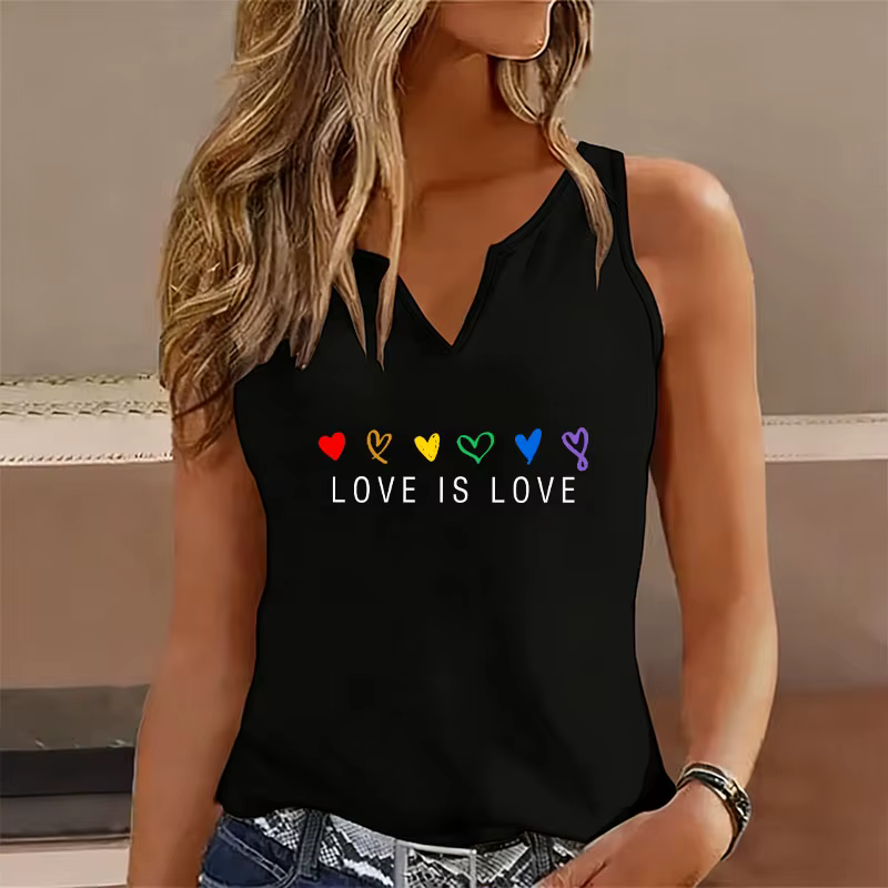 T-shirt débardeur sans manches col en V pour femme, motif cœur 'Love Is Love' coloré, style décontra