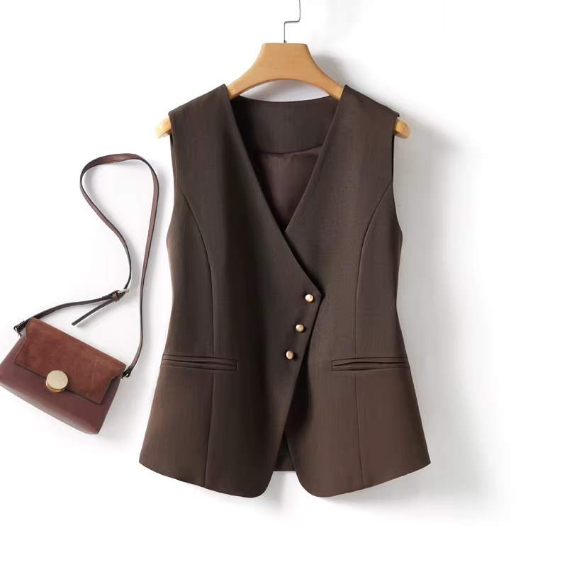 Gilet court bordeaux à col en V et boutons obliques pour femmes au printemps et en automne, haut san