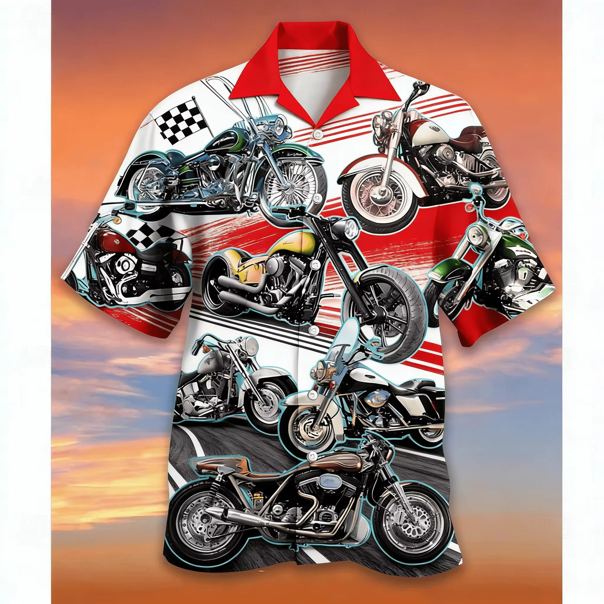 Chemise moto pour homme à col rouge, style rétro avec bandes de vitesse, chemise boutonnée élégante 