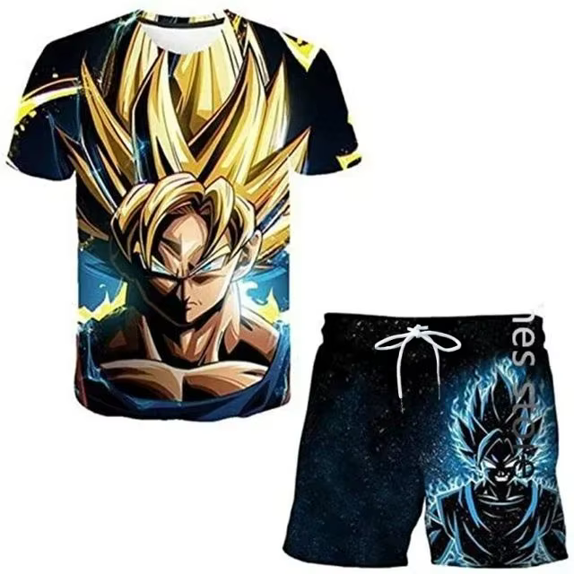 T-shirt Dragon Ball Z de dessin animé japonais pour enfants et hommes, ensemble deux pièces, t-shirt