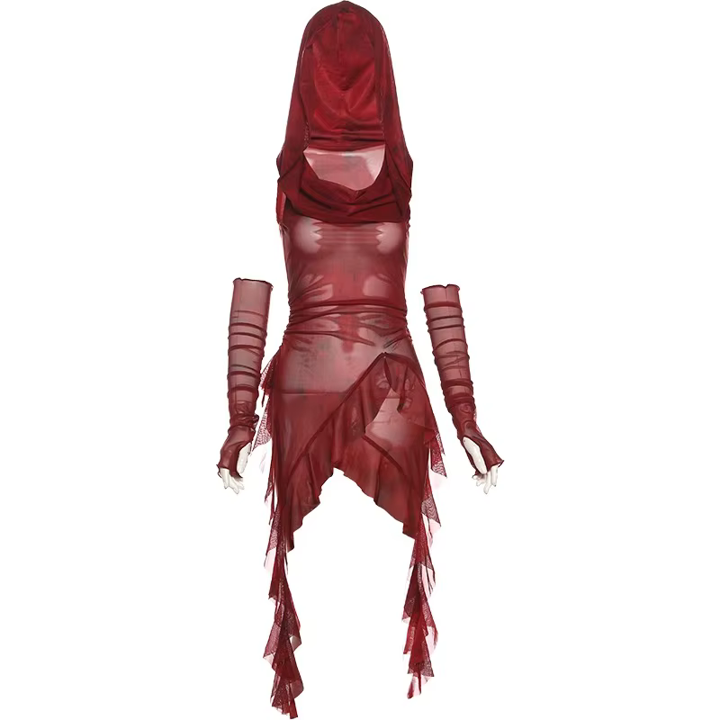 Haut transparent en maille rouge, Streetwear, T-shirt à capuche, manches longues à volants irrégulie
