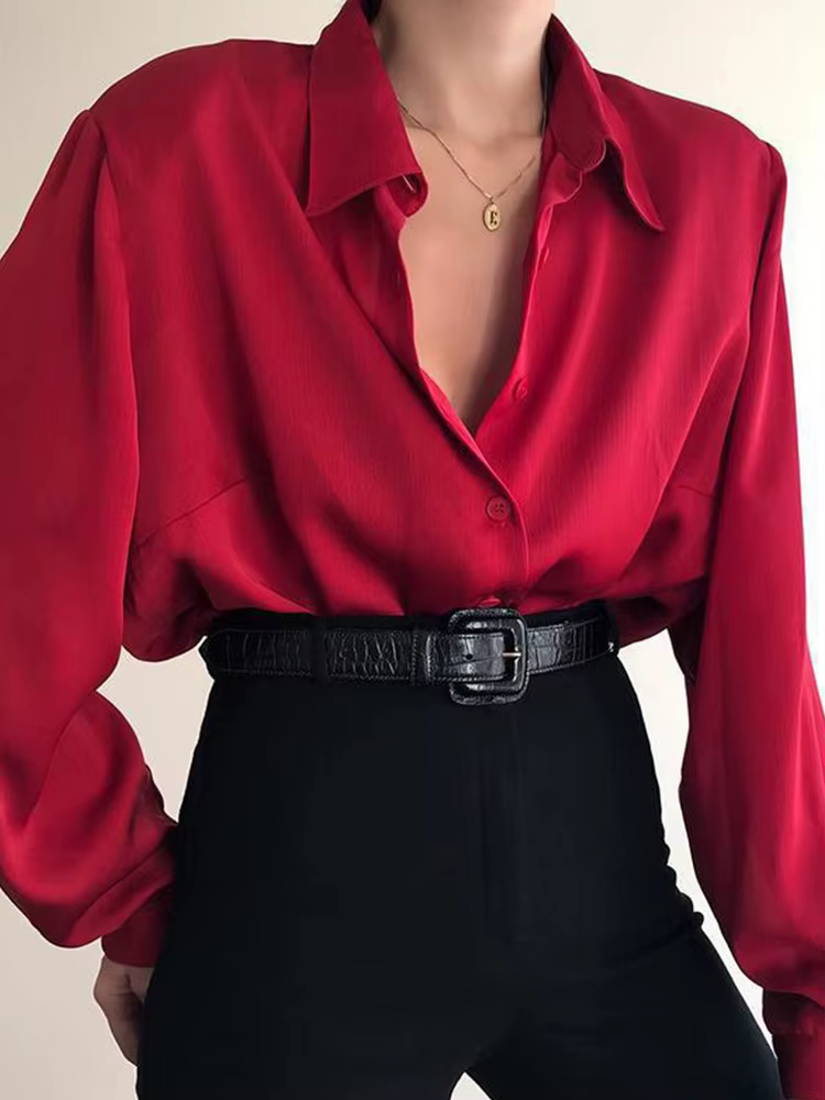 Femmes bouton Blouses col rabattu chemises bureau dame à manches longues Blouse décontractée ample O