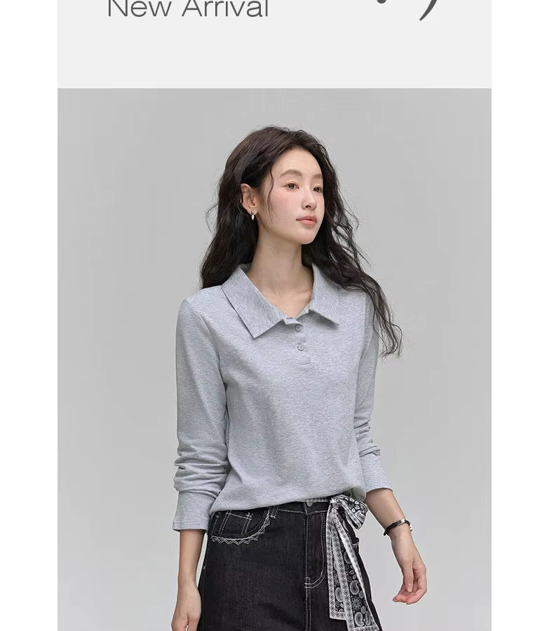 T-shirt polo à manches longues pour femme, couleur unie, décontracté, basique, coupe ajustée, pour l