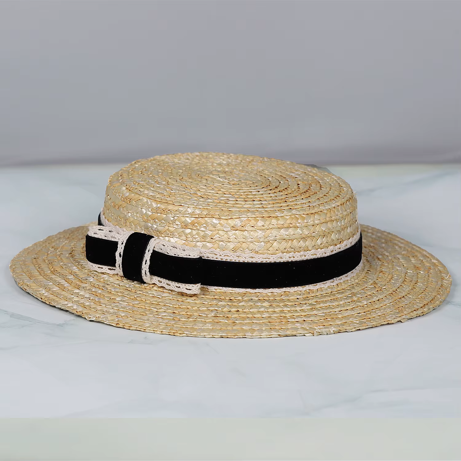 FS chapeau de paille à dessus plat avec velours et ruban au Crochet nœud à bord court Cocktail thé c