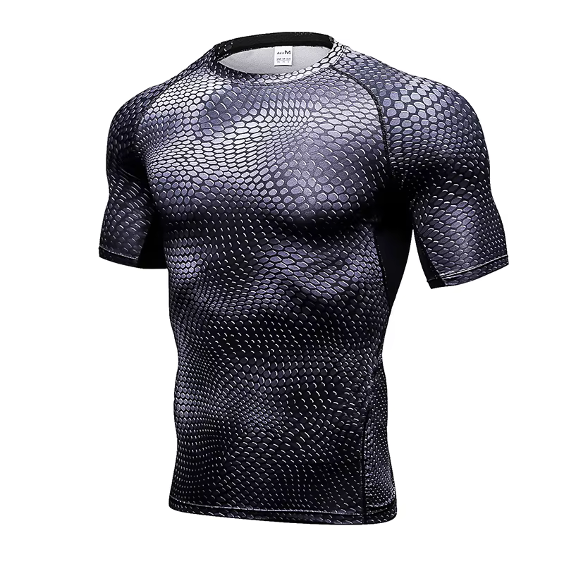 Chemises imprimées à Compression pour hommes, T-Shirt d'entraînement à manches courtes, hauts de cou