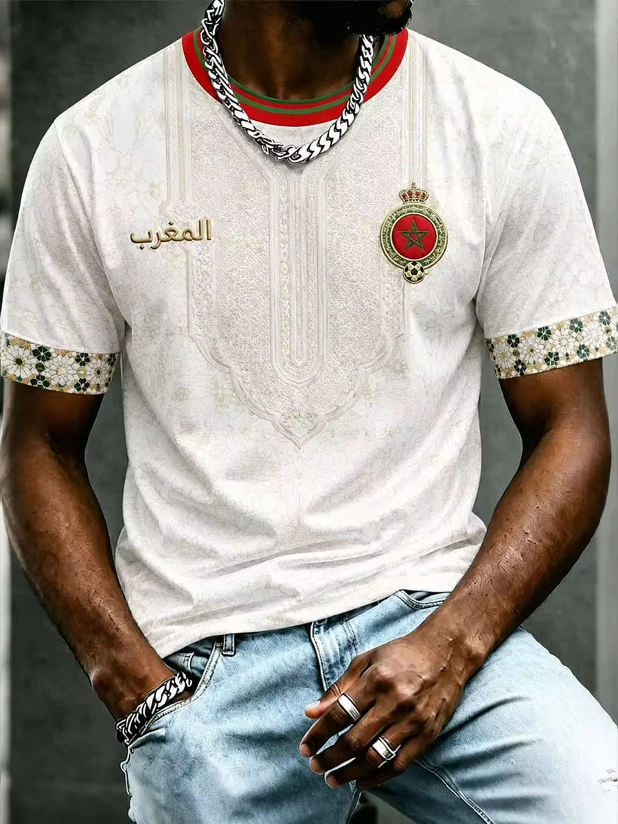 T-shirt Commémoratif de Football Rétro Style Folklorique Marocain 2026 – Haut Décontracté Respirant 