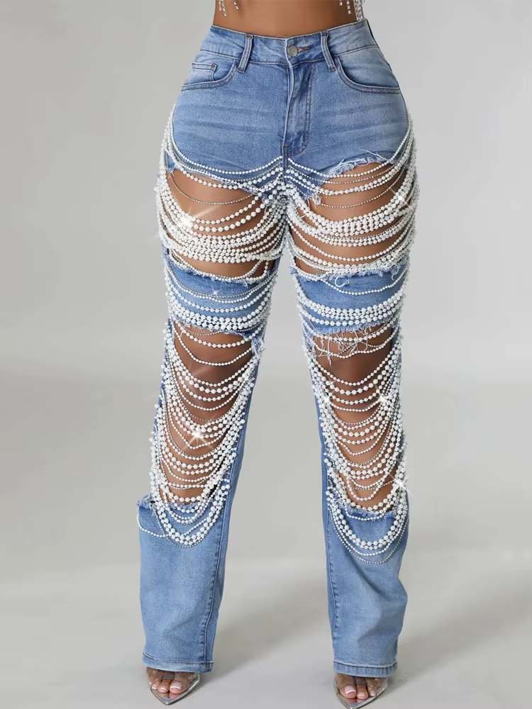Pantalon en Denim à trous déchirés détruit pour femmes, chaîne de strass en perles, coupe Slim, jean