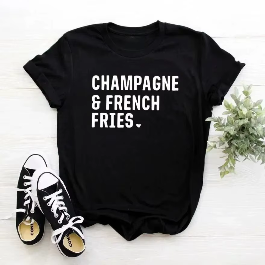Champagne frites femmes T-shirt décontracté Hipster drôle T-shirt dame Yong haut pour fille femmes v