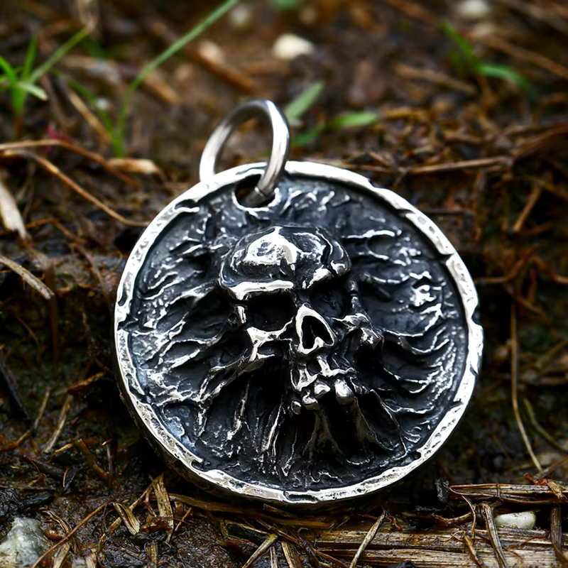 Collier pendentif tête de mort 3D en acier inoxydable pour hommes, bijoux ronds punk hip hop, biker,