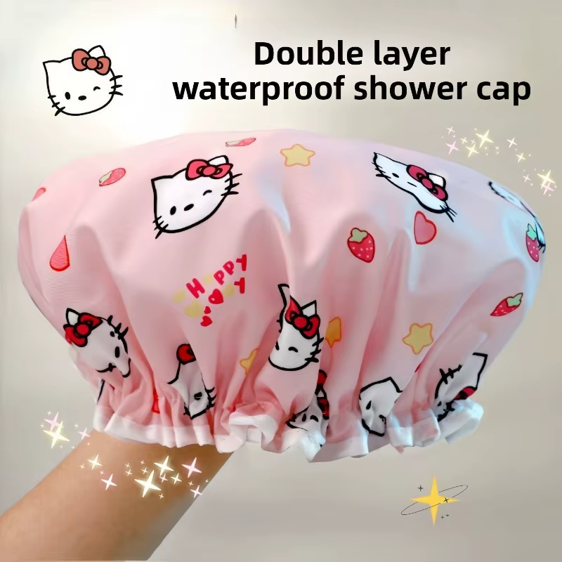 Bonnet de douche imperméable à double couche imprimé Hello Kitty, bonnet de douche réutilisable à mo