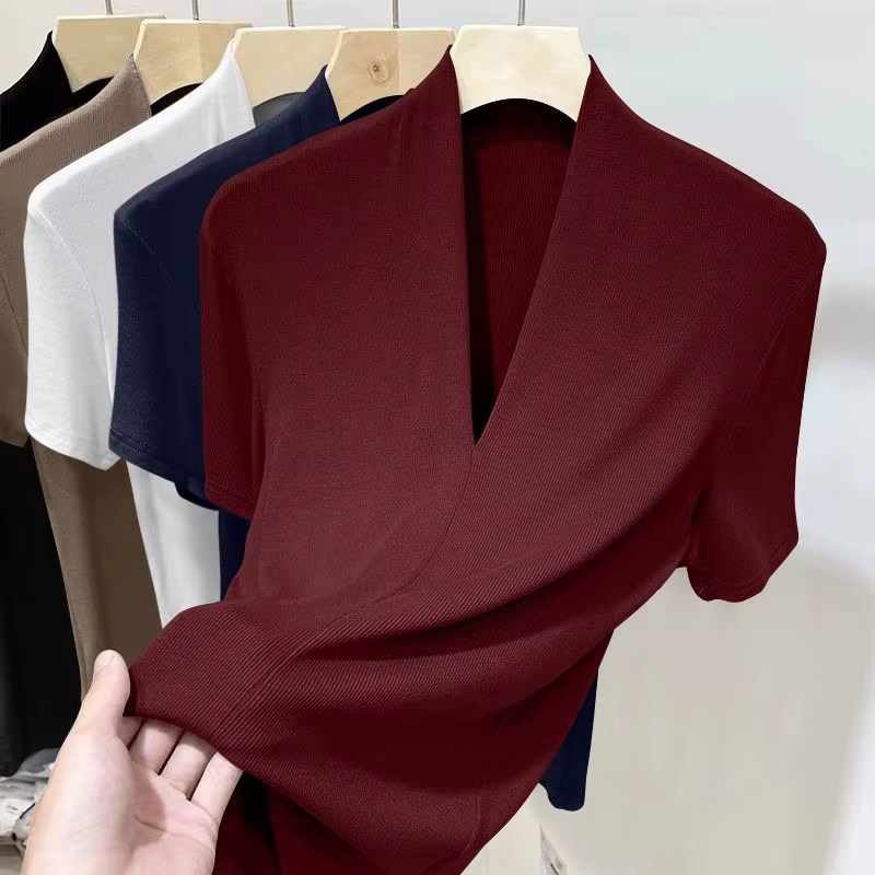 Nouveau haut à manches courtes fileté pour femmes, mode d'été, chemise de Base polyvalente, grande t