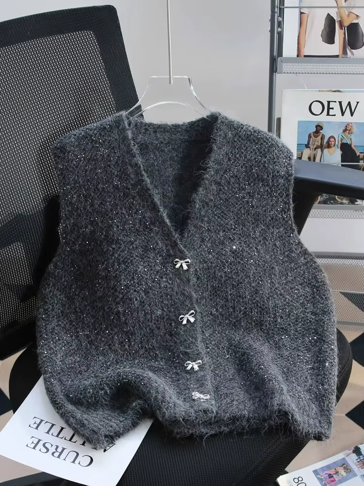 Gilet tricoté Design Sense 2026 – Collection Automne-Hiver – Vêtement décontracté ample avec nœud po