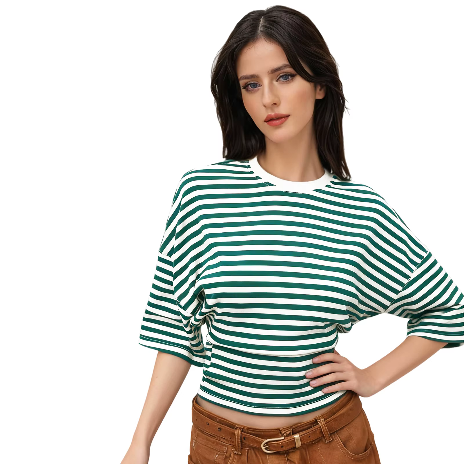 T-shirts d'été pour femmes à manches coude, rayés, taille cintrée, col rond, hauts décontractés tend