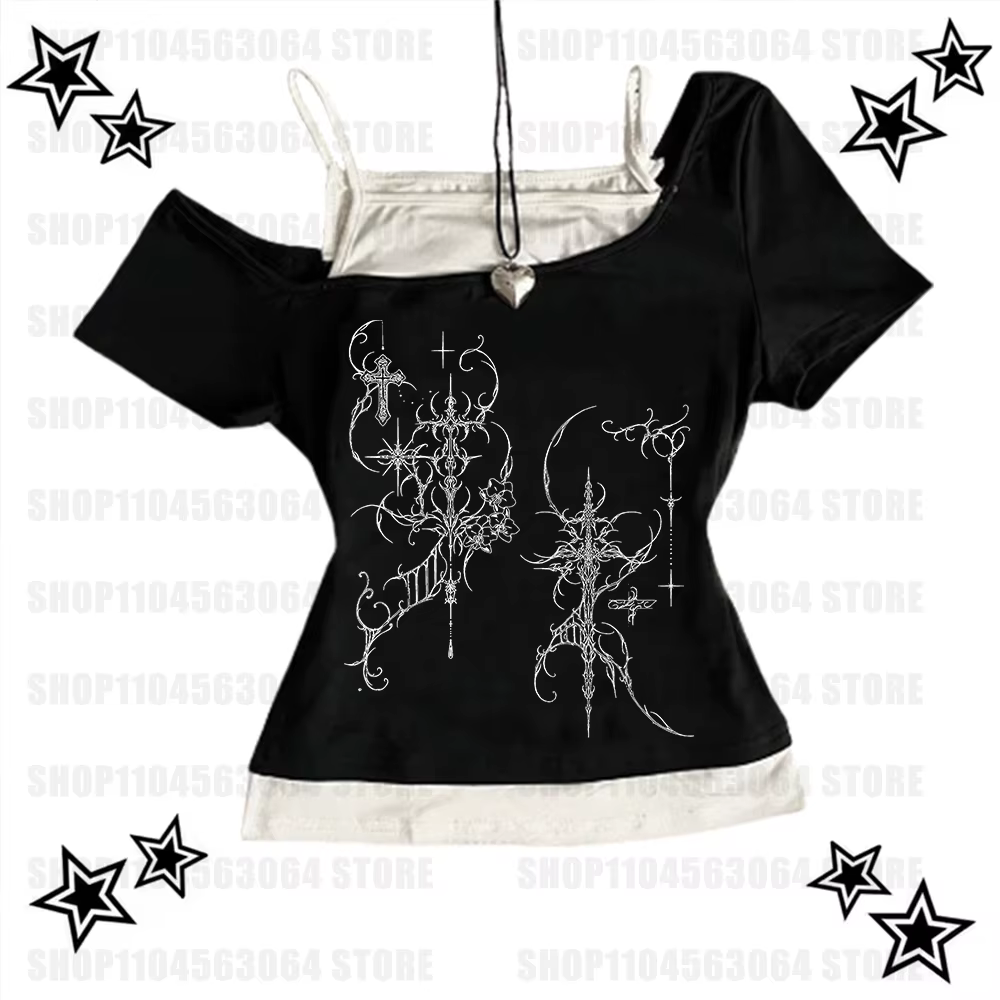 T-shirt américain vintage avec imprimé grunge, crop top Y2k, T-shirt d'été, mode streetwear, T-shirt