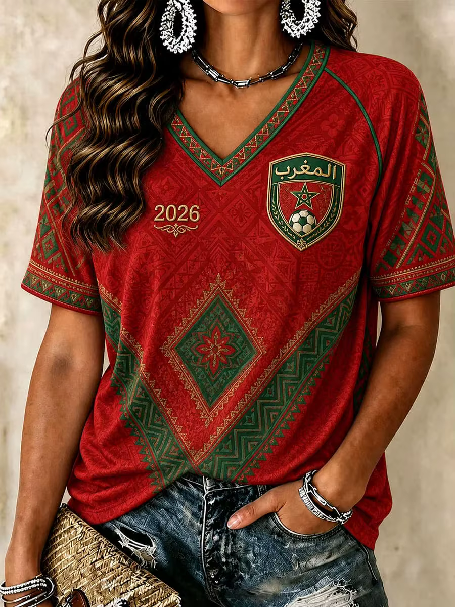 Nouveau Maillot de Foot Femme Maroc 2026 Noir avec Imprimé Géométrique Traditionnel et Texte MAROCCO