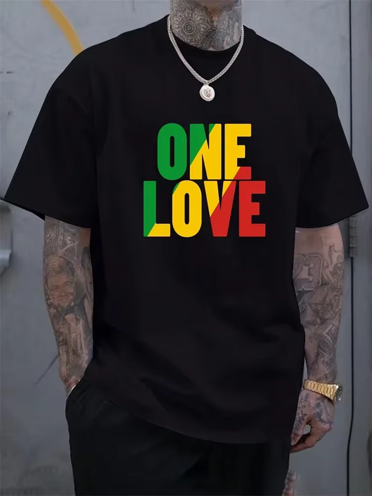 T-shirt style reggae jamaïcain One Love Rasta pour hommes et enfants, décontracté d'été à manches co