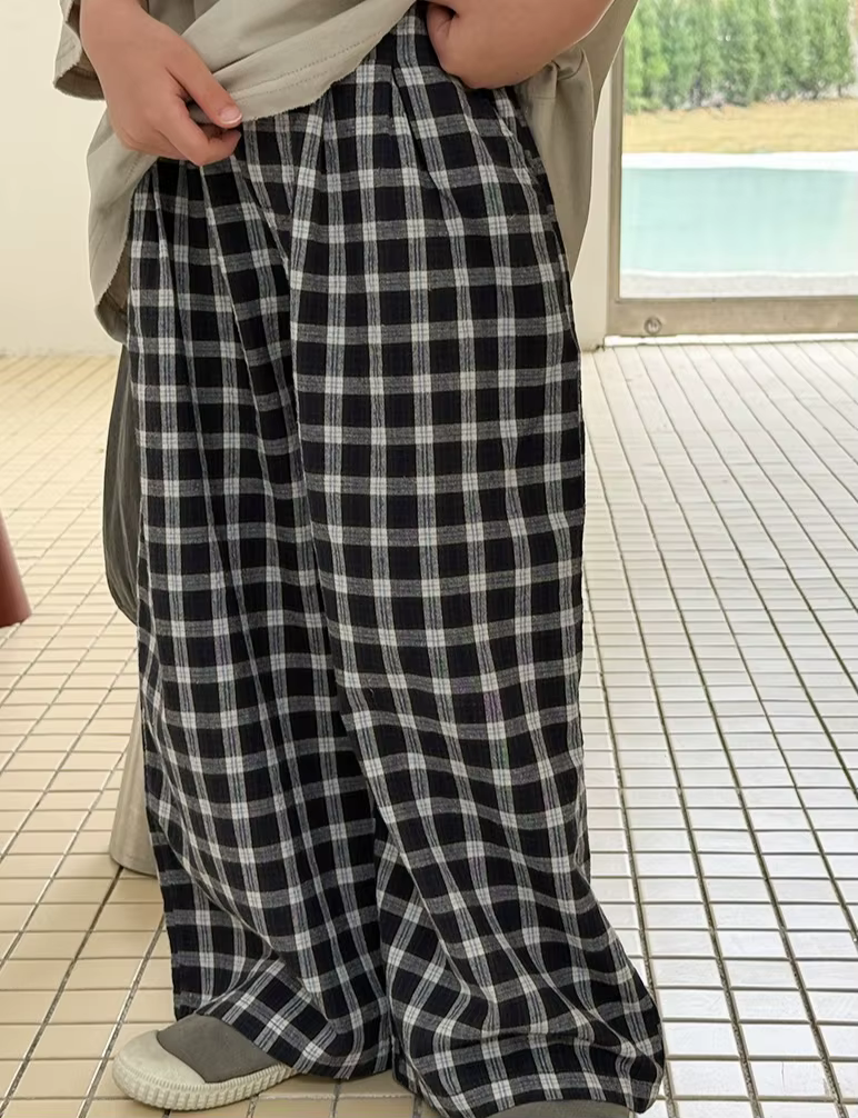 Vêtements coréens pour enfants, pantalons amples à carreaux noirs et blancs, en coton lavé à l'eau e