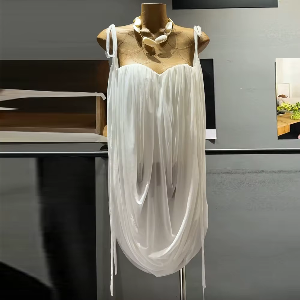 Chemise blanche à plis superposés TWOTWINSTYLE pour femme, col carré, sans manches, ample, style pla