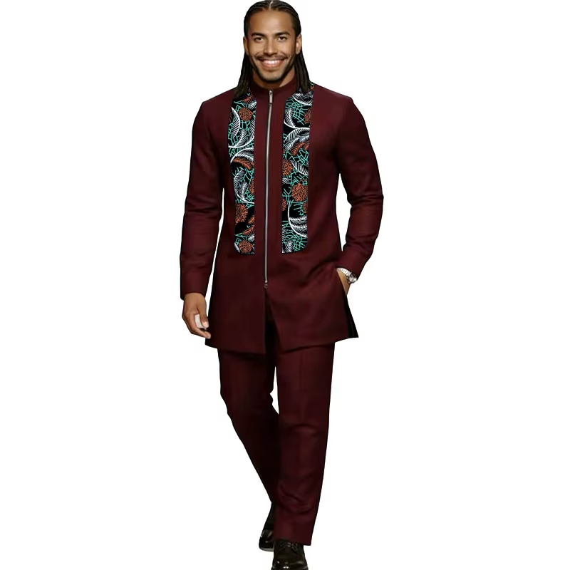 Costume bordeaux élastique pour homme, ensemble de couture africaine, haut à manches longues avec pa